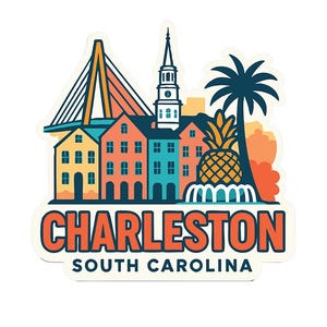 May include: A colorful sticker featuring a Charleston, South Carolina, design. The image includes a bridge, buildings, a church steeple, a palm tree, and a pineapple. The word "CHARLESTON" is in orange letters, with "SOUTH CAROLINA" below.