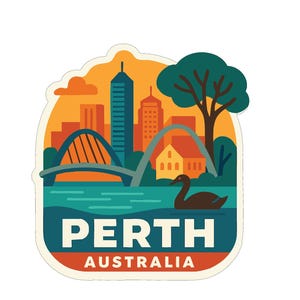 Op de afbeelding: Een kleurrijke sticker met een gestileerde skyline van Perth, Australië. Het ontwerp toont een brug, gebouwen, een boom en een zwaan op het water. De tekst "PERTH AUSTRALIA" staat prominent onderaan.