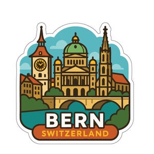 May include: A sticker featuring a colorful illustration of Bern, Switzerland. The design includes iconic buildings, a bridge, and the text "BERN SWITZERLAND" in a stylized font, set against a blue sky.
