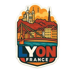 May include: A colorful sticker featuring a stylized illustration of Lyon, France. The design includes a bridge, buildings, and the text "LYON FRANCE" in bold letters. The color palette includes orange, red, blue, and yellow.