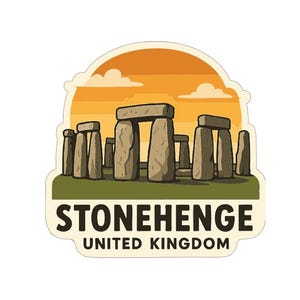 May include: A sticker featuring Stonehenge, a prehistoric monument in the United Kingdom. The design includes the stone circle on a green field, with an orange sunset and the text "STONEHENGE UNITED KINGDOM".