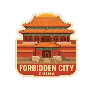 May include: A sticker featuring the Forbidden City in China. The illustration shows a detailed depiction of the palace with orange roofs and red walls. The text "FORBIDDEN CITY CHINA" is displayed in a banner at the bottom.