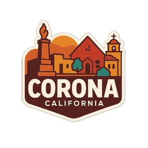 Peut inclure: Un autocollant représentant une illustration stylisée de Corona, Californie. Le design comprend une torche, des bâtiments et le texte "CORONA CALIFORNIA" en gras, sur un fond marron et orange.