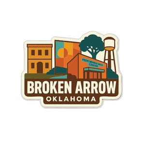 Puede incluir: Una pegatina con una ilustración estilizada de Broken Arrow, Oklahoma. El diseño incluye edificios, un árbol y una torre de agua. El texto "BROKEN ARROW OKLAHOMA" se muestra de forma destacada en marrón.