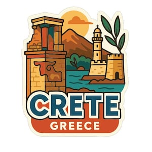 May include: A sticker with a vibrant illustration of Crete, Greece. The design showcases a mountain, sea, lighthouse, and ancient ruins. The word "CRETE" is in blue, and "GREECE" is below in green.