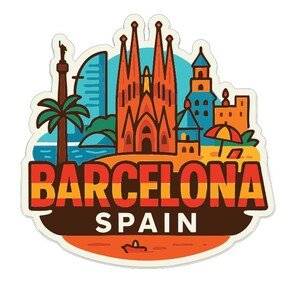 May include: A sticker featuring a colorful illustration of Barcelona, Spain. The design includes iconic landmarks like the Sagrada Familia, a palm tree, and a beach scene. The text "BARCELONA SPAIN" is prominently displayed in orange and red.