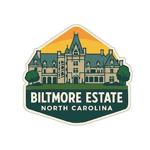 May include: A sticker featuring the Biltmore Estate in North Carolina. The design includes a detailed illustration of the historic building, set against a yellow and orange sky, with the text "Biltmore Estate North Carolina" in a dark green banner.