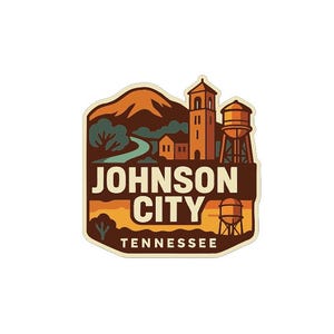 May include: A sticker featuring a stylized illustration of Johnson City, Tennessee. The design includes a mountain, river, buildings, and water towers, with the text "JOHNSON CITY TENNESSEE" in a bold font. The colour palette includes shades of brown, orange, and green.