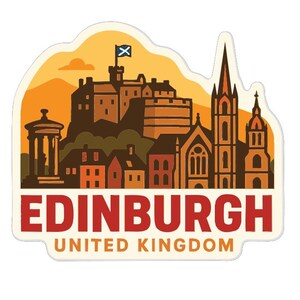 May include: A sticker depicting Edinburgh, Scotland, with a castle, buildings, and a Scottish flag. The text "EDINBURGH UNITED KINGDOM" is displayed in red and white, set against a cream-colored background.