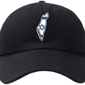 May include: A black baseball cap with an embroidered outline of Israel with the Israeli flag colors and the word "ISRAEL" in white.