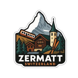 Puede incluir: Una pegatina con un paisaje de montaña con un tren, edificios y esquís. El texto "ZERMATT SWITZERLAND" está en blanco y naranja. El diseño incluye un pico de montaña y árboles de hoja perenne.