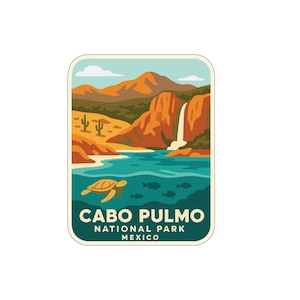 May include: A rectangular sticker featuring a scenic landscape of Cabo Pulmo National Park in Mexico. The design includes a waterfall, mountains, a turtle, and the text "CABO PULMO NATIONAL PARK MEXICO". The color palette includes shades of blue, orange, and green.