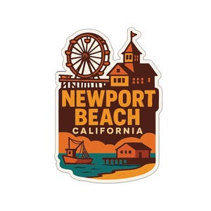 Puede incluir: Una pegatina con un diseño de Newport Beach, California. La pegatina incluye una noria, edificios, un barco y el texto "NEWPORT BEACH CALIFORNIA" en colores naranja y marrón.