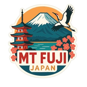 Peut inclure: Autocollant représentant un paysage japonais avec le Mont Fuji, une pagode et une grue en vol. Le design comprend le texte "MT FUJI JAPAN" dans une bannière rectangulaire, avec des teintes orange, rouge et bleu.