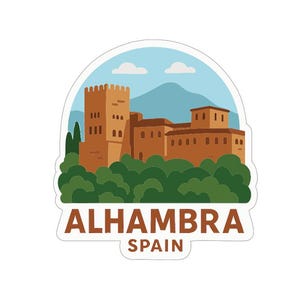 Könnte beinhalten: Ein Aufkleber mit einer Illustration der Alhambra in Spanien. Das Bild zeigt eine braune Burg mit einem Turm vor blauem Himmel mit Wolken und einer Bergkette. Der Text "ALHAMBRA SPAIN" befindet sich unten.