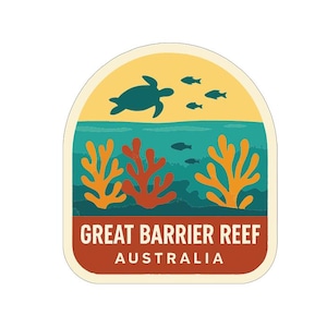 Op de afbeelding: Een sticker met een gestileerde illustratie van het Great Barrier Reef in Australië. Het ontwerp toont een zeeschildpad, vissen, koraal en de tekst "GREAT BARRIER REEF AUSTRALIA" in een rechthoekige lijst.