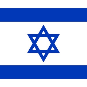 May include: The flag of Israel, a white field with two blue horizontal stripes at the top and bottom, and a blue Star of David in the center.