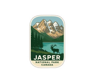 May include: A rectangular sticker featuring a scenic landscape of Jasper National Park, Canada. The design includes mountains, a lake, evergreen trees, and a silhouette of a deer. The text "JASPER NATIONAL PARK CANADA" is at the bottom.