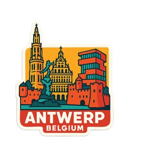 Pode incluir: Um autocolante com uma ilustração colorida de Antuérpia, Bélgica. O design inclui edifícios icónicos, uma estátua e o texto "ANTWERP BELGIUM" numa faixa vermelha. O fundo é amarelo e laranja.