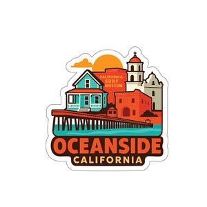 May include: A sticker featuring a colorful illustration of Oceanside, California. The design includes a pier, buildings, and the text "Oceanside California" in a bold font. The words "California Surf Museum" are also visible.