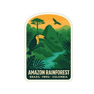 Pode incluir: Um autocolante com uma cena da floresta amazónica. Um tucano empoleira-se num galho, com um rio a serpentear pela folhagem verde exuberante. O texto "AMAZON RAINFOREST" está na parte inferior, com "BRAZIL • PERU • COLOMBIA" por baixo.