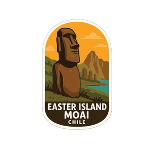 May include: A sticker featuring a brown Moai statue from Easter Island, Chile, set against a landscape of green grass, mountains, and a blue lake. The text "EASTER ISLAND MOAI CHILE" is at the bottom.