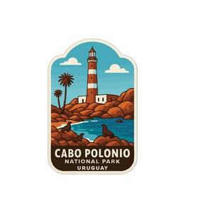 Pode incluir: Um autocolante com uma cena costeira com um farol, palmeiras e focas. O farol é vermelho e branco, contra um céu azul. O texto "CABO POLONIO NATIONAL PARK URUGUAY" está na parte inferior.