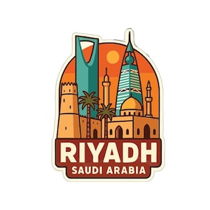Puede incluir: Una colorida pegatina con una ilustración estilizada de Riad, Arabia Saudita. El diseño incluye edificios emblemáticos, palmeras y un fondo de puesta de sol. La palabra "RIYADH" se muestra prominentemente, con "SAUDI ARABIA" debajo.