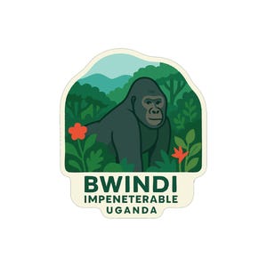 Könnte beinhalten: Ein Aufkleber mit einem Gorilla in einem Dschungel, mit dem Text "BWINDI IMPENETRABLE UGANDA". Das Design umfasst grünes Laub, rote Blumen und einen hellblauen Himmel.