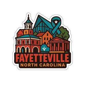 The image is a sticker or logo featuring a stylized illustration of a city skyline with various buildings and landmarks, including a church and a clock tower.
