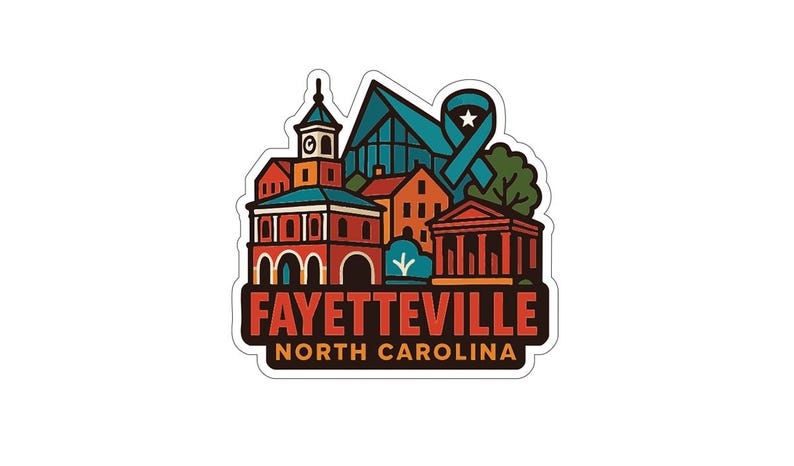 The image is a sticker or logo featuring a stylized illustration of a city skyline with various buildings and landmarks, including a church and a clock tower.
