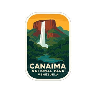 May include: A rectangular sticker featuring a scenic landscape of Canaima National Park in Venezuela. The design includes a waterfall cascading from a mesa, lush green foliage, and the text "Canaima National Park Venezuela."
