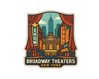May include: A rectangular sticker featuring a stylized illustration of Broadway theaters in New York. The design includes a theater marquee with the word "SHOW", red curtains, and a cityscape backdrop. The text "BROADWAY THEATERS NEW YORK" is at the bottom.