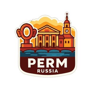May include: A sticker featuring a stylized illustration of Perm, Russia. The design includes a monument, buildings, a river, and the text "PERM RUSSIA" in a dark red banner. The background has orange and yellow hues.