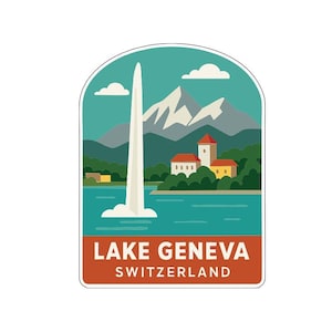 Könnte beinhalten: Ein rechteckiger Aufkleber mit einer malerischen Illustration des Genfer Sees, Schweiz. Das Design umfasst einen hohen Wasserfontänen, Berge, einen See und Gebäude. Der Text "LAKE GENEVA SWITZERLAND" wird in einem braunen Rechteck unten angezeigt.