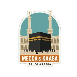 Puede incluir: Una pegatina con la Kaaba en La Meca, Arabia Saudita. La estructura negra en forma de cubo está centrada, con dos minaretes y un cielo turquesa de fondo. Se muestra el texto "MECCA & KAABA" y "SAUDI ARABIA".