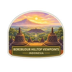 Może przedstawiać: Naklejka przedstawiająca punkty widokowe Borobudur Hilltop w Indonezji. Obraz przedstawia wschód słońca nad pasmem górskim, z kilkoma stupami na pierwszym planie. Wyświetlany jest tekst "BOROBUDUR HILLTOP VIEWPOINTS - INDONESIA".
