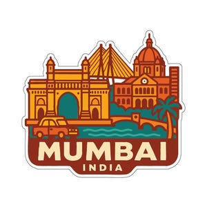 May include: A sticker featuring a stylized illustration of Mumbai, India. The design includes landmarks like the Gateway of India, a bridge, and a domed building, all in shades of orange and brown. The word "MUMBAI" is prominently displayed.