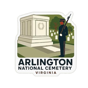 May include: A sticker featuring a stylized illustration of Arlington National Cemetery. The design includes a monument, a soldier, and the text "ARLINGTON NATIONAL CEMETERY VIRGINIA". The color palette consists of beige, green, and navy blue.