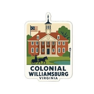 May include: A rectangular sticker depicting a brick building with a white facade and a cupola. A horse-drawn carriage and the text "COLONIAL WILLIAMSBURG VIRGINIA" are at the bottom. An American flag flies in the background.