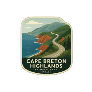May include: A rectangular sticker featuring a scenic landscape of the Cape Breton Highlands National Park in Canada. The design includes a winding road, ocean, and mountains. Text reads "Cape Breton Highlands National Park Canada."
