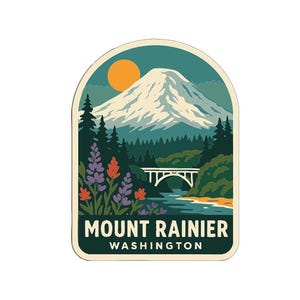 May include: A rectangular sticker featuring a scenic illustration of Mount Rainier in Washington. The design includes a snow-capped mountain, a bridge over a river, trees, flowers, and a setting sun. The text "MOUNT RAINIER WASHINGTON" is at the bottom.