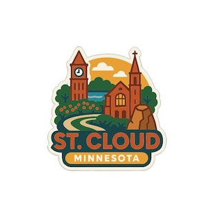 May include: A colorful sticker featuring a stylized illustration of St. Cloud, Minnesota. The design includes a clock tower, church, river, and the text "ST. CLOUD MINNESOTA" in a bold font. The sticker has a white border.
