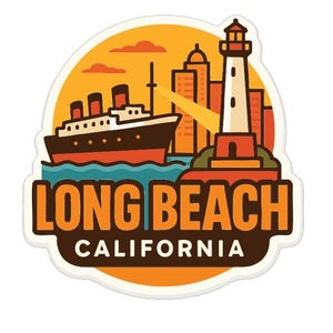 May include: A sticker featuring a stylized illustration of Long Beach, California. The design includes a cruise ship, lighthouse, and city skyline against a yellow and orange background. The text "LONG BEACH CALIFORNIA" is prominently displayed.
