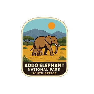 May include: A rectangular patch featuring a brown elephant and calf walking across a savanna landscape with mountains and a sun. The text "ADDO ELEPHANT NATIONAL PARK SOUTH AFRICA" is at the bottom.