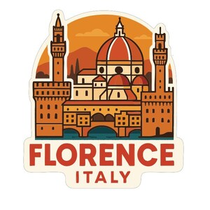 May include: A sticker featuring a stylized illustration of Florence, Italy. The design includes the Duomo, towers, and a bridge, set against a sunset backdrop. The word "FLORENCE" is displayed in red, with "ITALY" below.