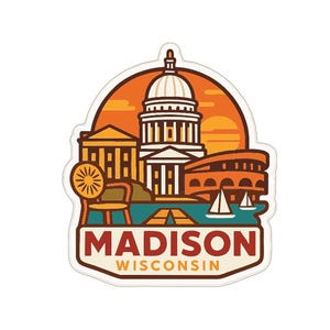 Op de afbeelding: Een sticker met een gestileerde illustratie van Madison, Wisconsin. Het ontwerp toont het State Capitol, een stadion en zeilboten op een meer. De naam van de stad is prominent weergegeven.
