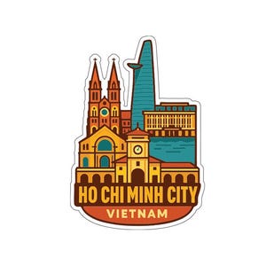 May include: A colorful sticker featuring Ho Chi Minh City, Vietnam. The design includes illustrations of notable buildings, such as a cathedral, a skyscraper, and a clock tower, with the city's name and country below.