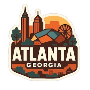 May include: A sticker featuring an illustrated cityscape of Atlanta, Georgia. The design includes stylized buildings, trees, and a Ferris wheel, with the text "ATLANTA GEORGIA" in a bold font. The color palette consists of warm tones like orange, brown, and teal.