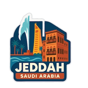 May include: A sticker featuring a stylized illustration of Jeddah, Saudi Arabia. The design includes a water fountain, palm trees, and buildings, with the city name and country at the bottom.